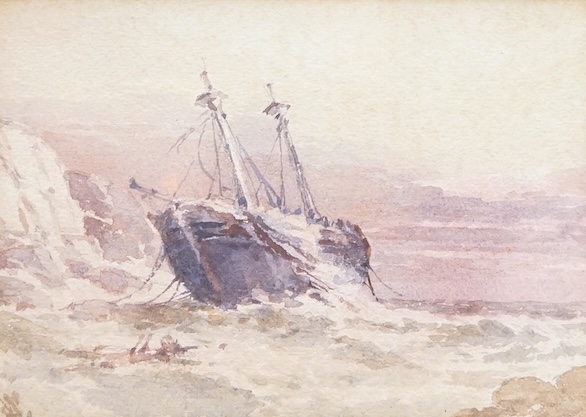 William Cook of Plymouth (1840-1897), Ship on the rocks, monogrammed, watercolour, 12 x 17cm